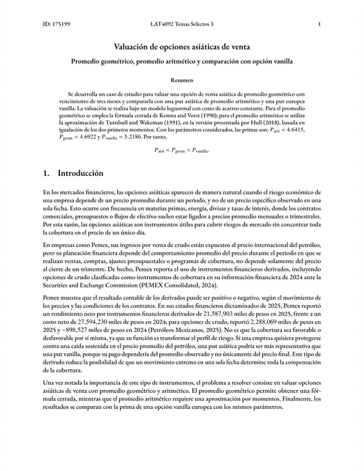 First page of Valuación de Opciones Asiáticas de Venta