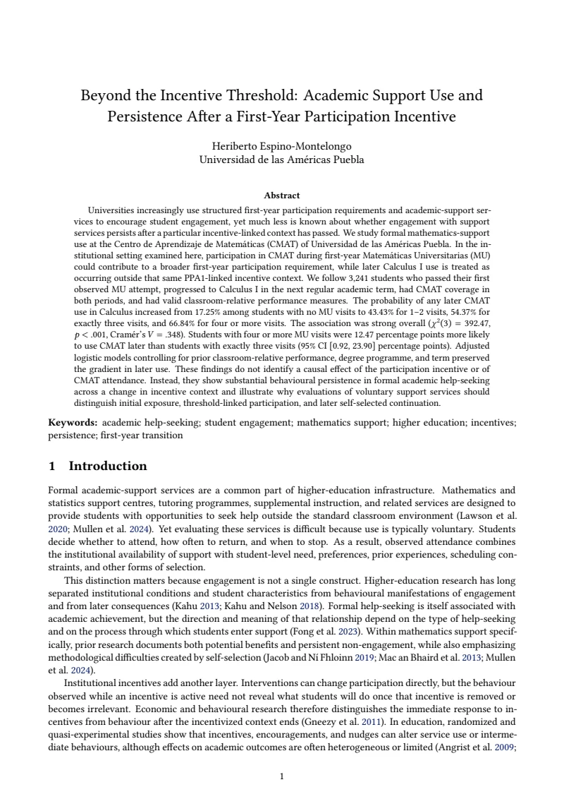 First page of Beyond the Incentive Threshold: Academic Support Use and Persistence After a First-Year Participation Incentive