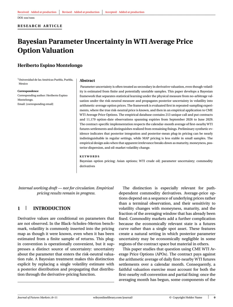 First page of Bayesian Parameter Uncertainty in WTI Average Price Option Valuation
