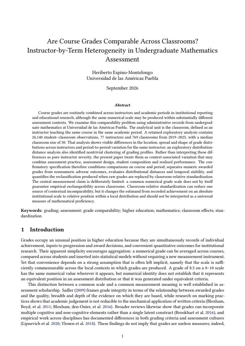 First page of Are Course Grades Comparable Across Classrooms? Instructor-by-Term Heterogeneity in Undergraduate Mathematics Assessment