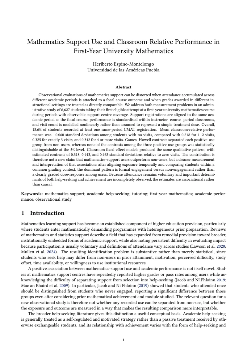 First page of Mathematics Support Use and Classroom-Relative Performance in First-Year University Mathematics
