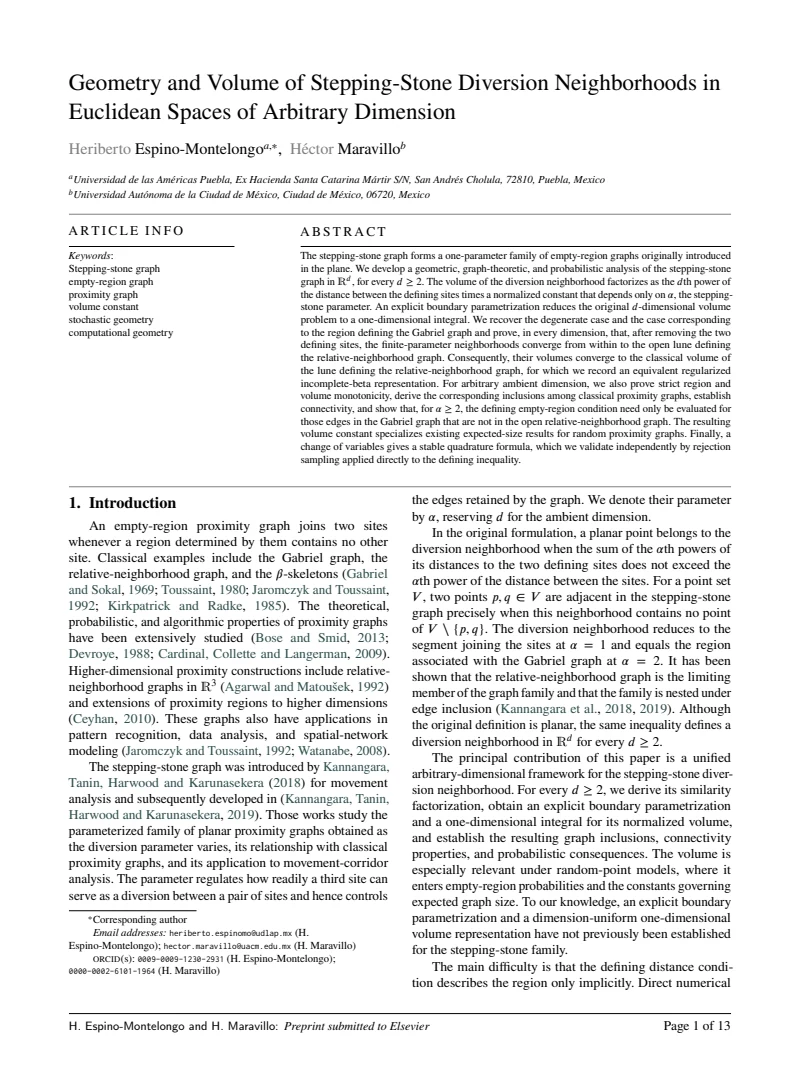 First page of Geometry and Volume of Stepping-Stone Diversion Neighborhoods in Euclidean Spaces of Arbitrary Dimension