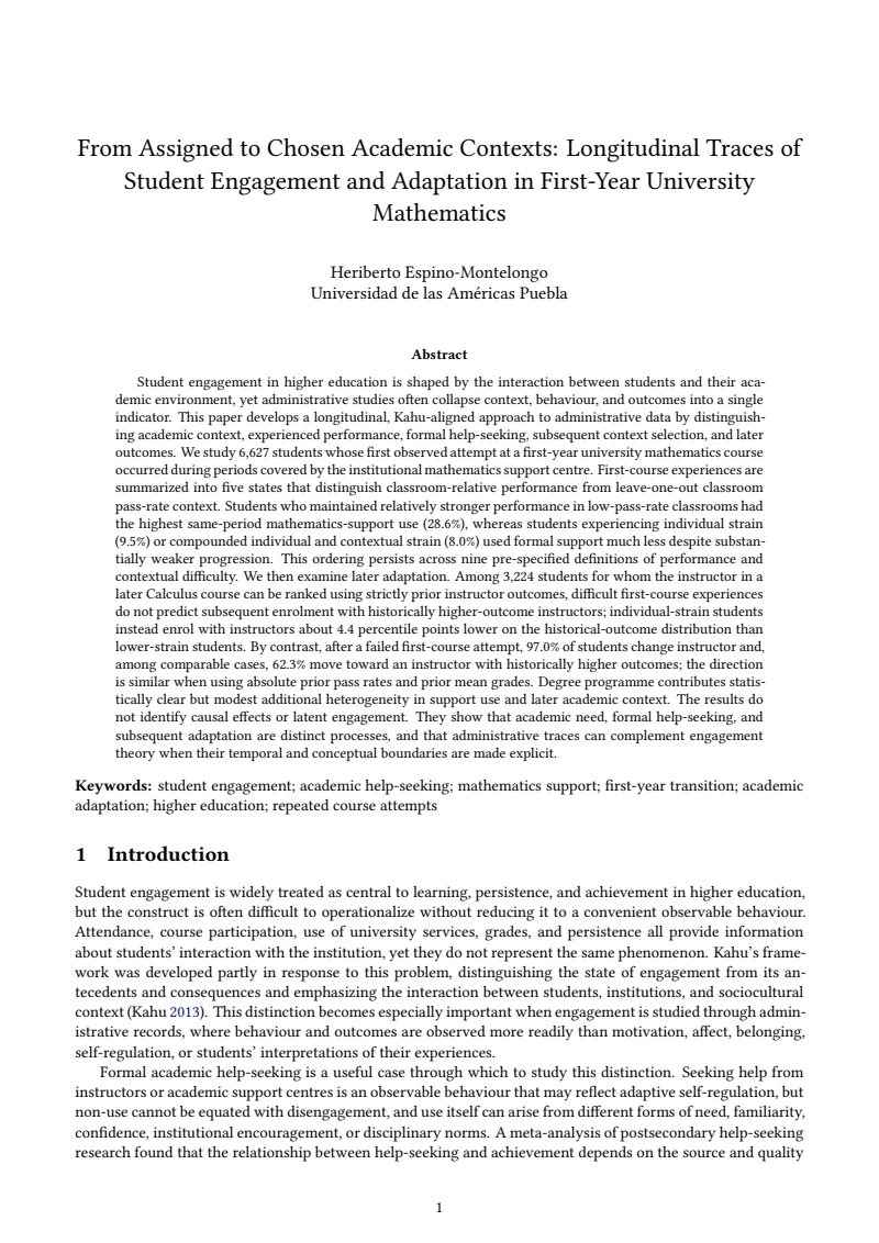 First page of From Assigned to Chosen Academic Contexts: Longitudinal Traces of Student Engagement and Adaptation in First-Year University Mathematics