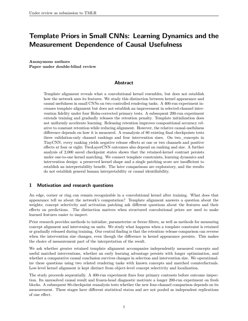 First page of Template Priors in Small CNNs: Learning Dynamics and the Measurement Dependence of Causal Usefulness