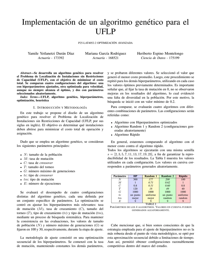 First page of Implementación de un Algoritmo Genético para el UFLP