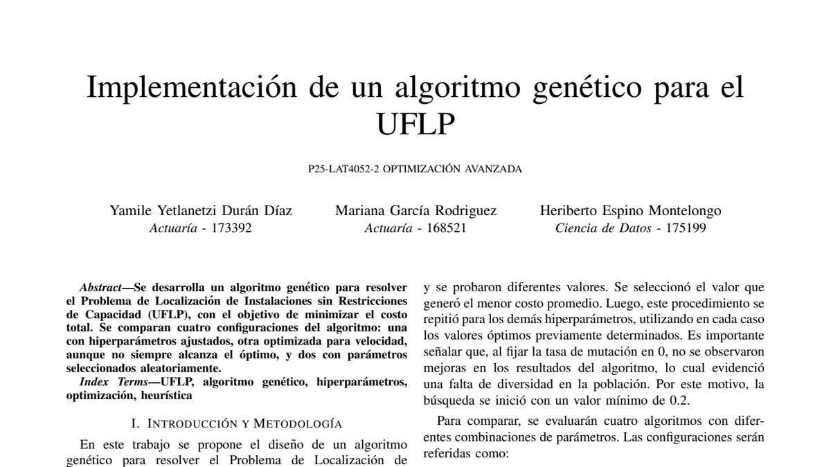 First-page preview of Implementación de un Algoritmo Genético para el UFLP
